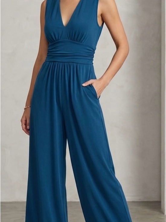 HALARA Pants - HALARA Teal V-Neck Wide-Leg Jumpsuit